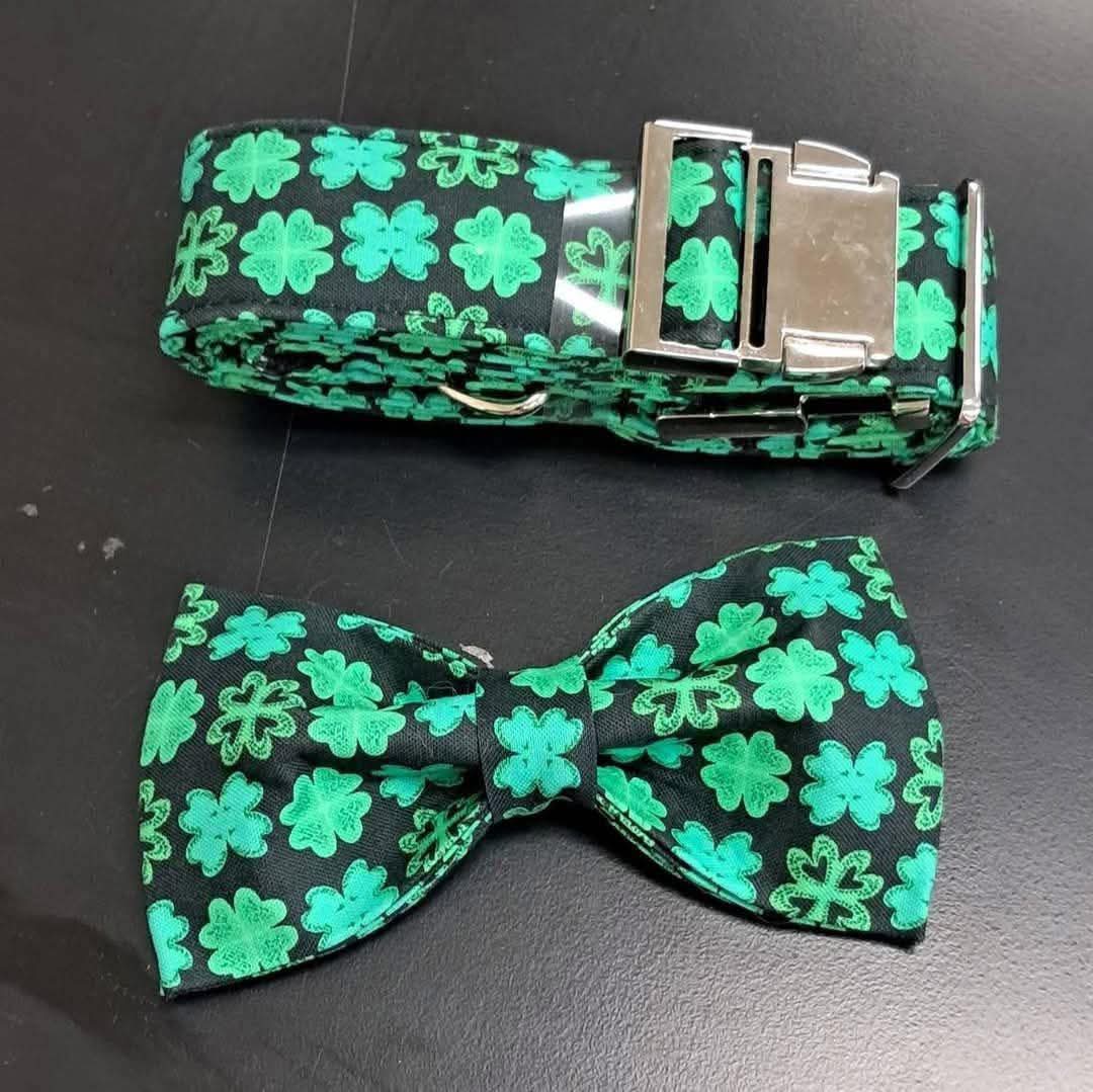 Dog Collar and Bowtie Set- Shamrock Design- XL