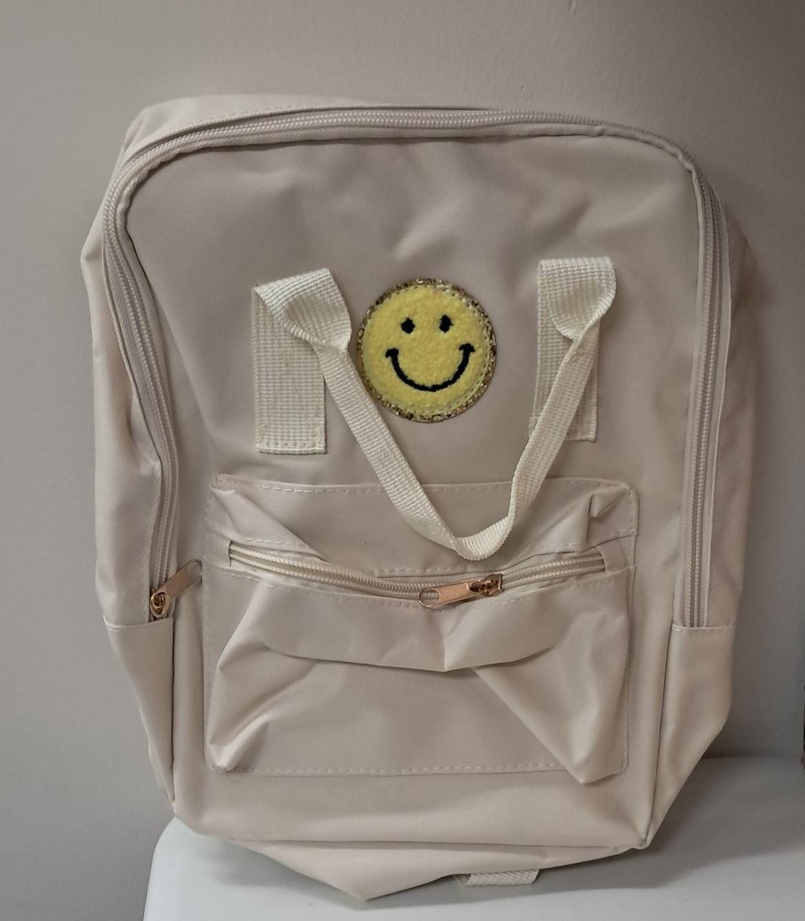 Backpack- Smaller- Beige Smiley Face