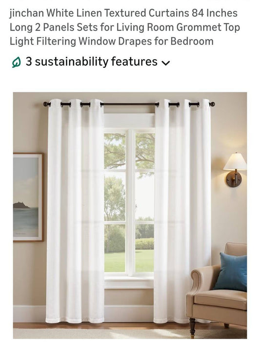 Linen Textured Curtains- 2 Panel White