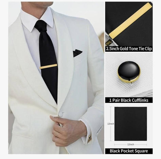 Men's Black Tie, Cufflinks and Tie Clip Set