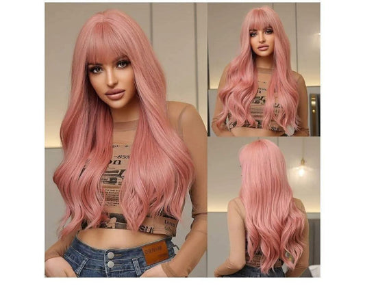 Long Wavy Pink Wig with Bangs- 24 inch Pink