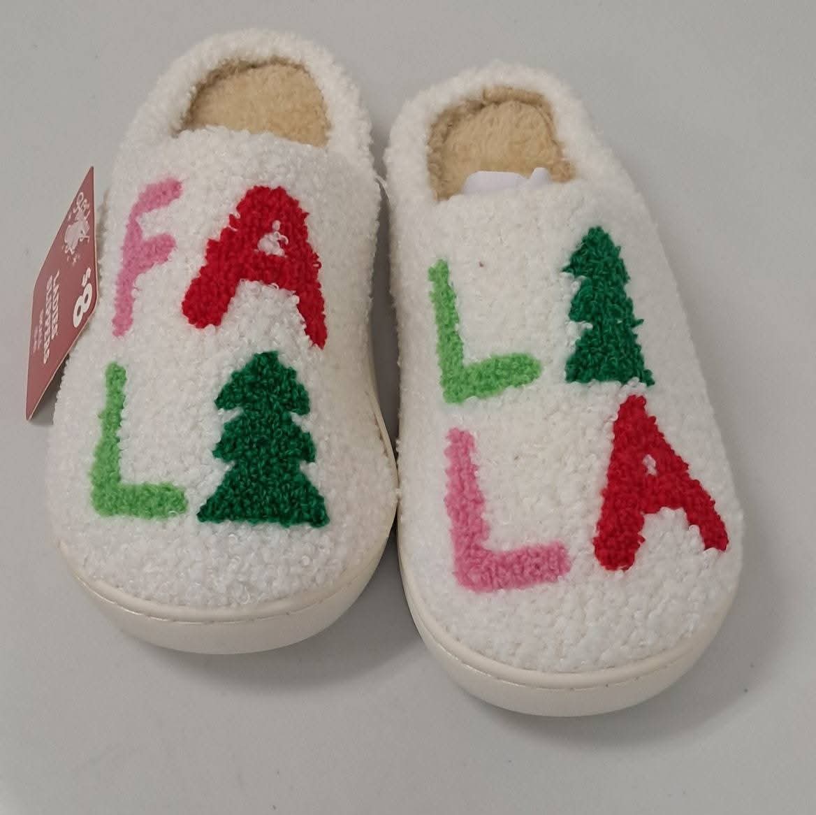 Women's Slippers- Ivory with Fa La La La