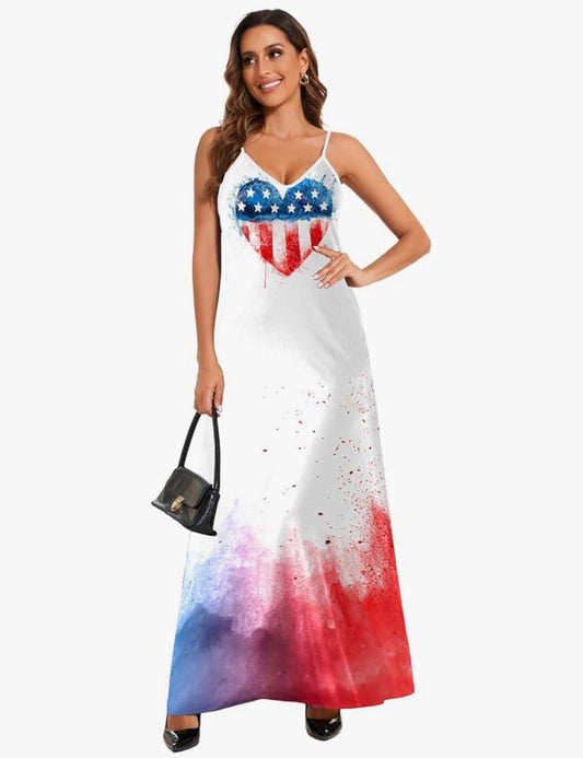 Maxi Dress Sundress for Women Loose Printed Adjustable Patriotic Beach Dress with Pockets