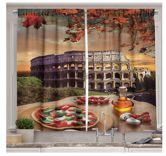 Kitchen Curtains- European Food At Autumn