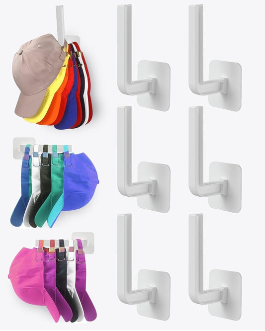 Hat Hooks for Hat Storage- 6 pack, White