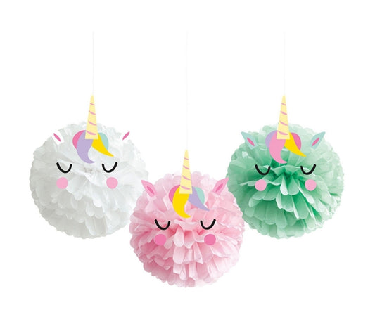 Unicorn Tissue Paper Pom Pom Decorations- Set of 3